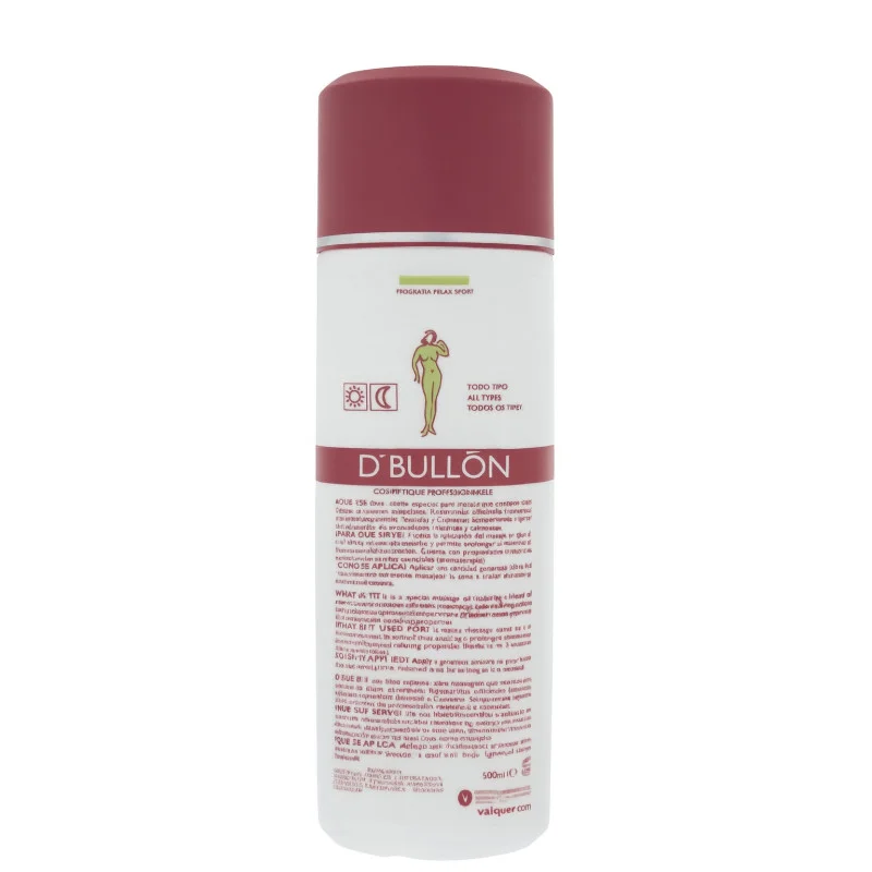 D'BULLÓN Aceite Especial para Masaje 500ml - reverso (INCI / modo de empleo)