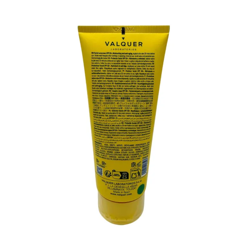 Valquer Hydra Sunscreen SPF 50+ Crema Solar Facial Hidratante 75 ml - reverso (INCI / modo de empleo)