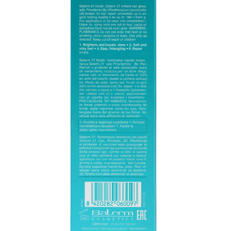 Salerm 21 Finish Iluminador Capilar Brillo de Larga Duración 100ml - reverso (INCI / modo de empleo)