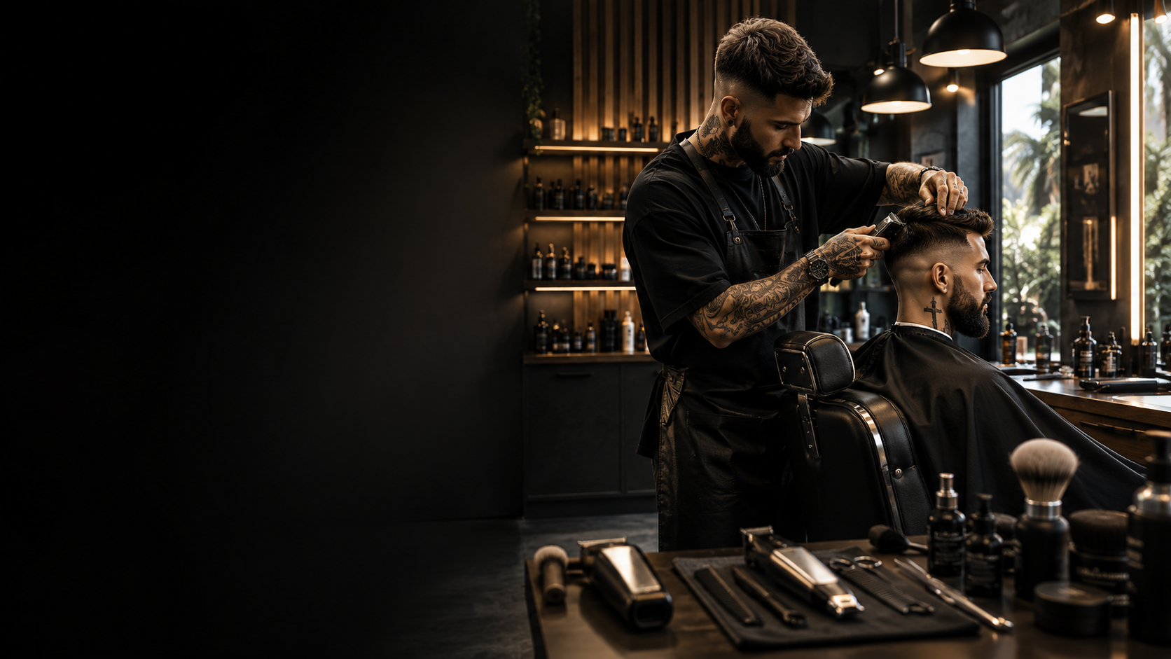 Barbería profesional moderna con barbero trabajando con máquinas de corte