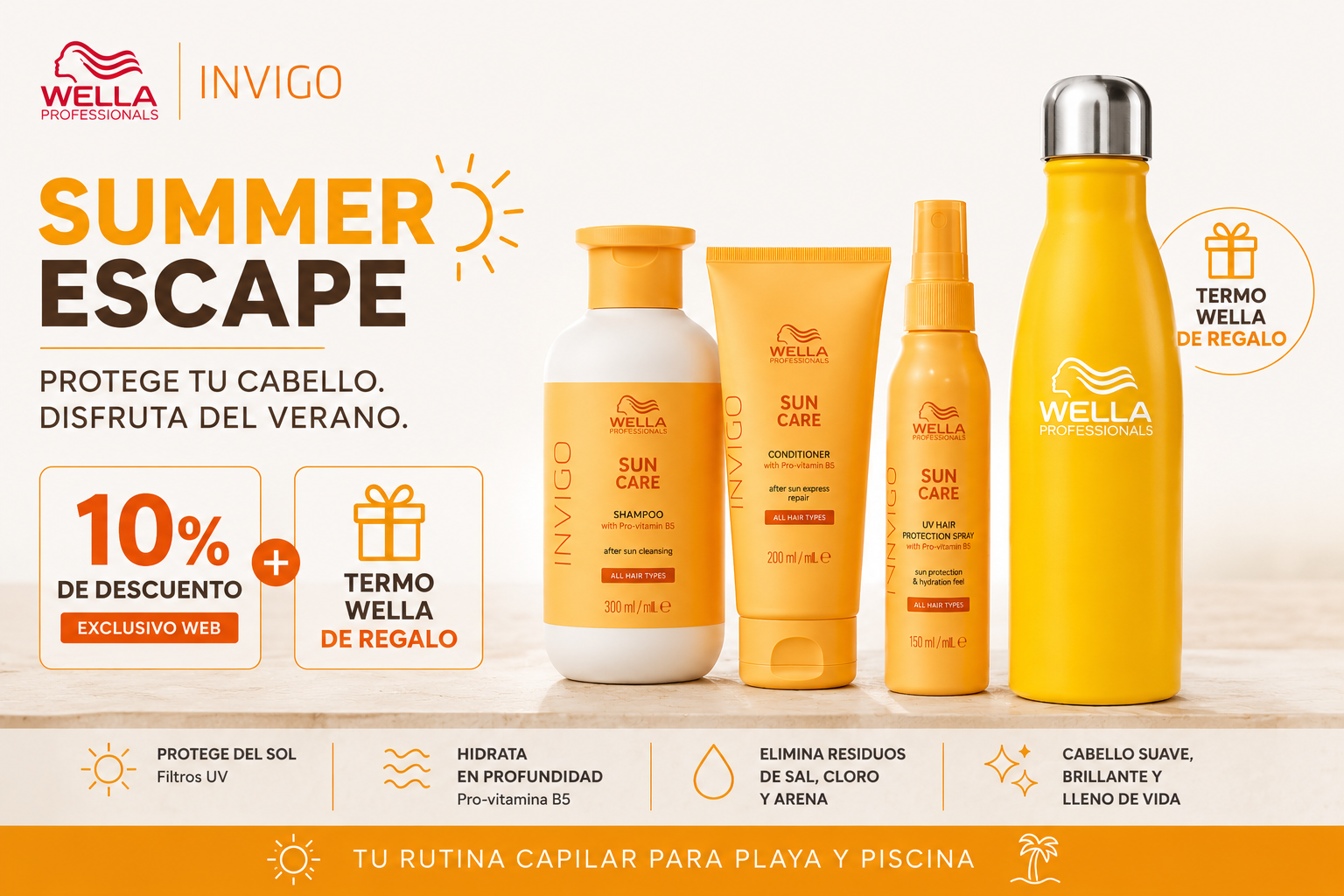 ☀️ Pack Summer Escape Wella Invigo Sun + Termo Wella Regalo